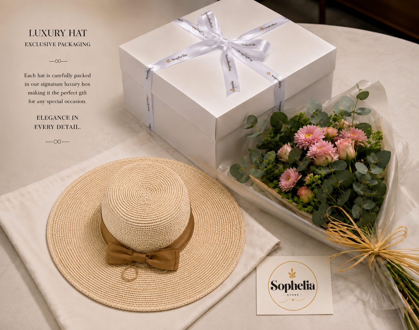 Beige hat with brown ribbon, white gift box, and bouquet of flowers on a light surface with 'Sophilia' branding.